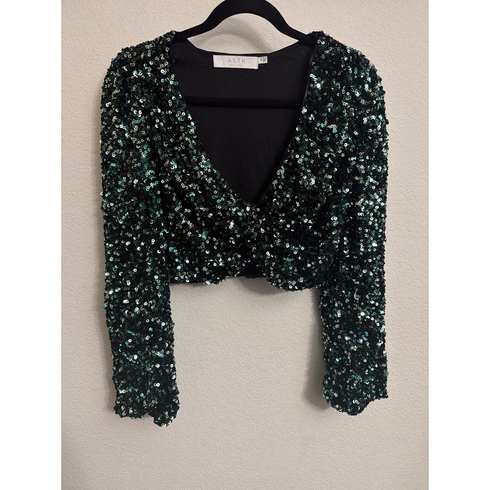 ASTR The Label Green Sequin Twist Front Crop Top‎ Long Sleeve Women's Small